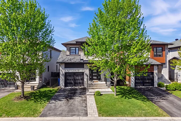 Stone townhomes on a spring street