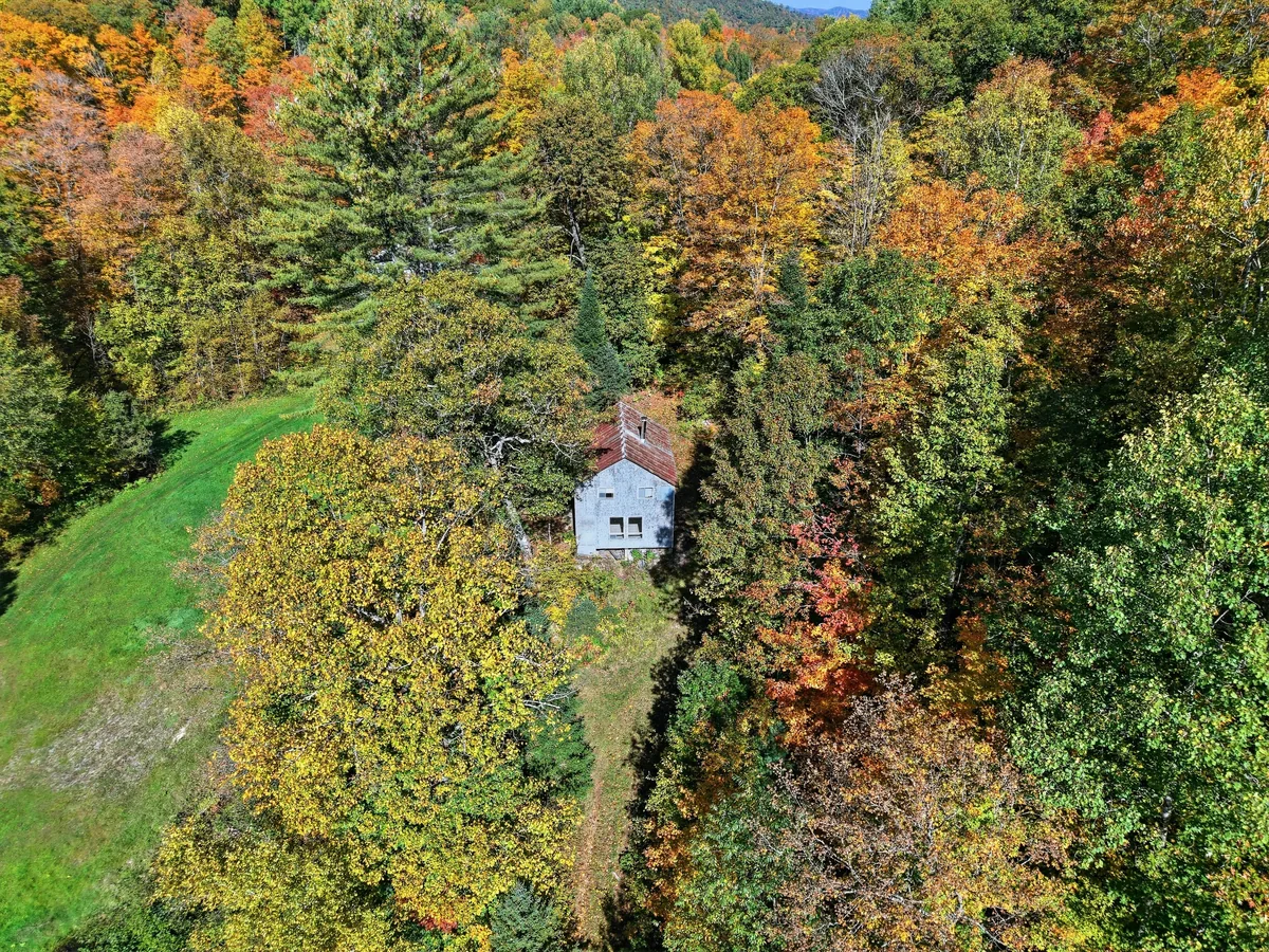 Vue aérienne d’un petit chalet blanc près d’une clairière verte dans une dense forêt d’automne